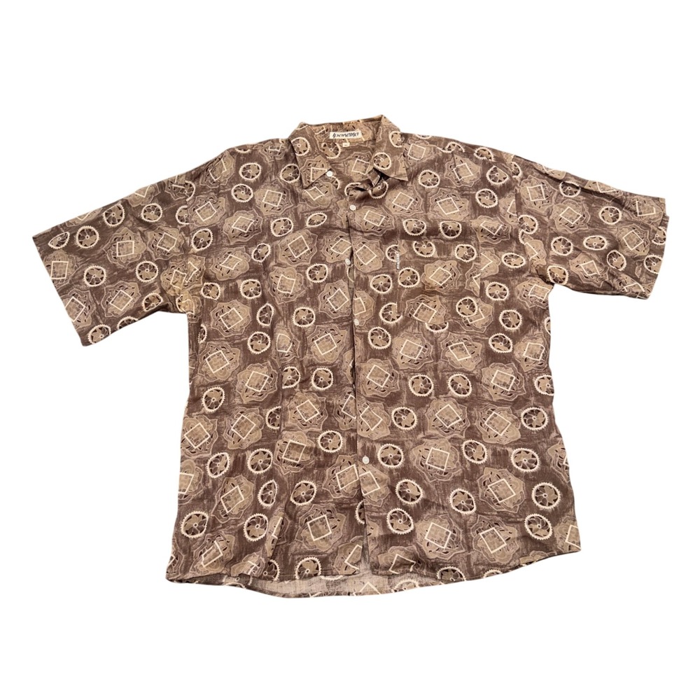 Ipanema Mens XL Brown Geometric Gear Print Short Sleeve Button Down Shirt